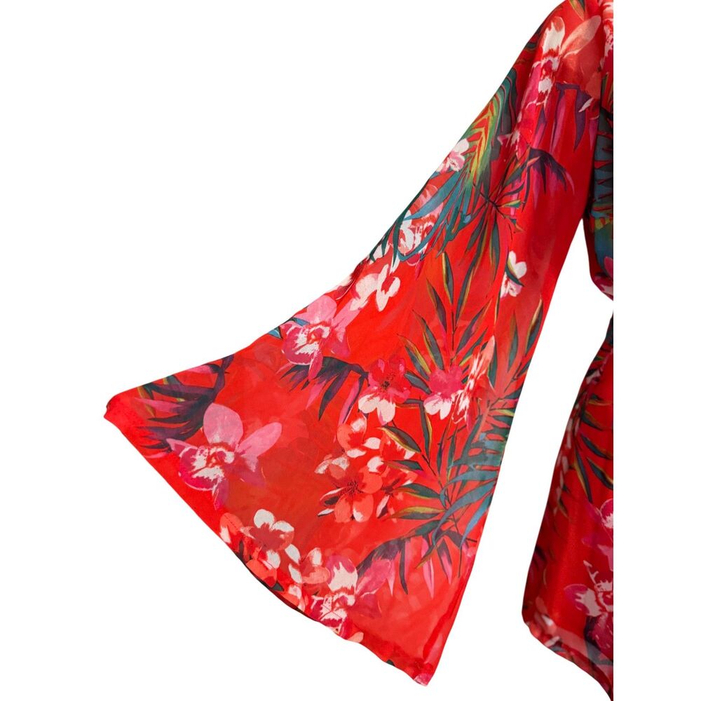 Red Floral Plunging Neckline Romper with Wide Bell Sleeves - Size M - Picture 4 of 11